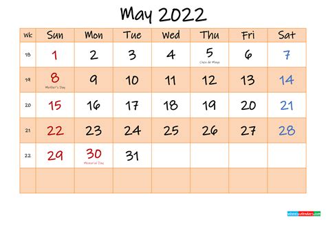 Editable May 2022 Calendar Template K22m485 Free Printable