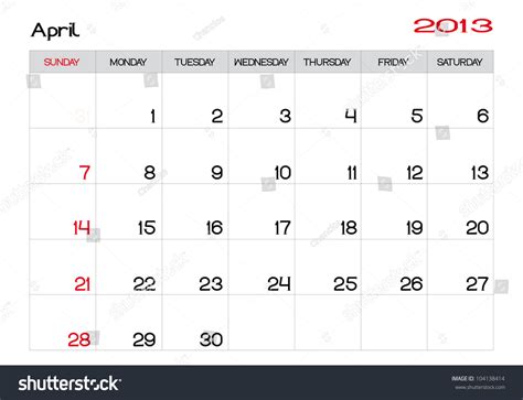 April 2013 Calendar In English Stock Vector Illustration 104138414