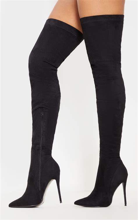 Emmi Black Faux Suede Extreme Thigh High Heeled Boots Prettylittlething Usa