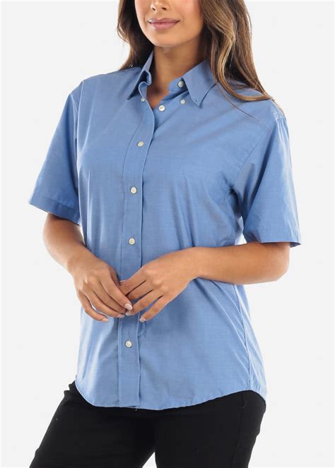 Moda Xpress Womens Button Up Shirt Short Sleeve Shirt Collar Blue