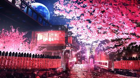 Download 2560x1440 Anime Landscape Sakura Blossom Night