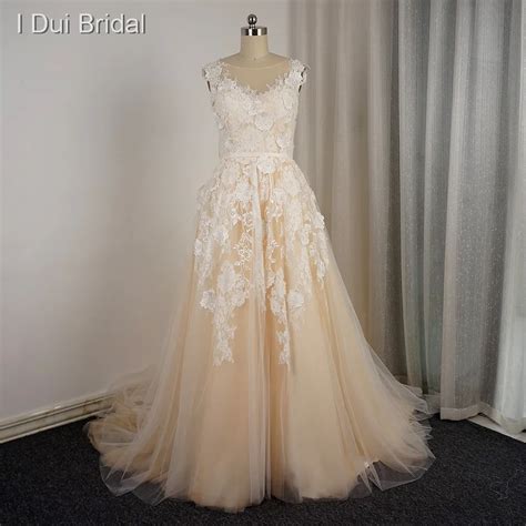 Illusion Tulle Neckline Floral Lace Wedding Dresses Appliques