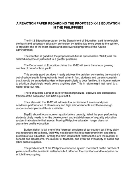 Position paper on population growth. Reaction Paper Regarding the Proposed k12 Education