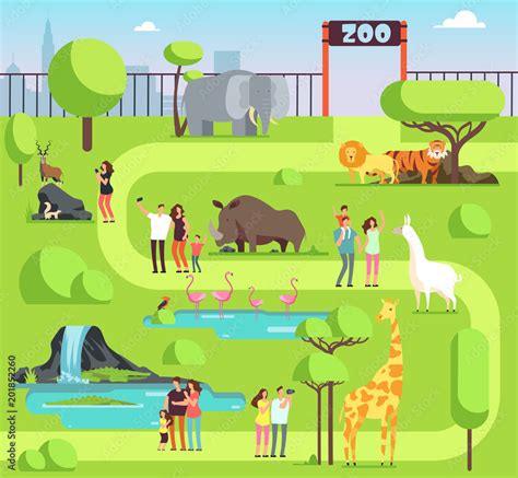 Cartoon Zoo With Visitors And Safari Animals Happy Families With Kids