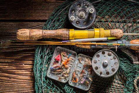 Vintage Fishing Tackle With Floats Hooks And Rods Stock Photo Image