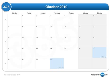 Kalender Oktober 2019
