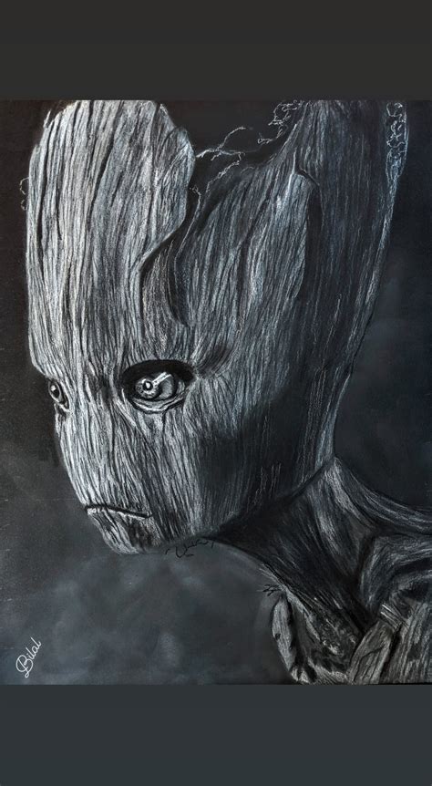 Groot White Charcoal On Black Paper Drawing