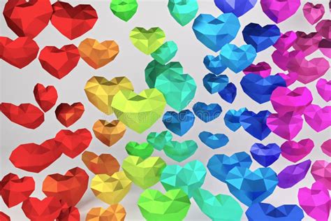 3d Rendering Many Multicolored Polygonal Hearts Valentines Day Stock