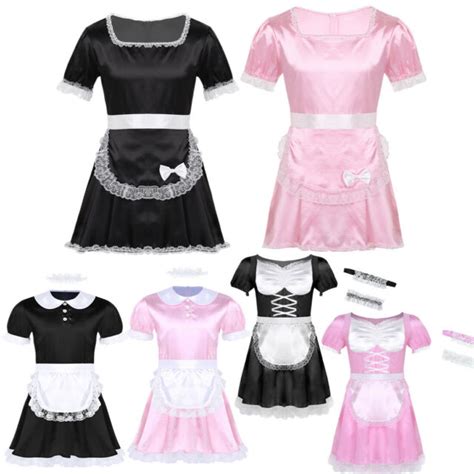 Sissy Mens French Maid Cosplay Fancy Costume Satin Silky Apron Dress