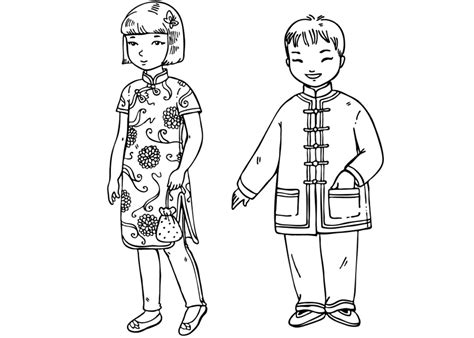 Coloring Page Chinese Children Motherhood