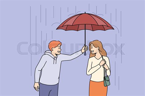 Caring Man Protect Woman From Rain With Umbrella Stock Vector Colourbox
