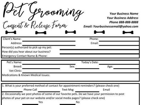 Pet Grooming Consent And Release Form Pet Grooming Dog Etsy