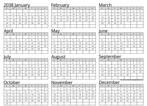 Full Year 2038 Calendar Template