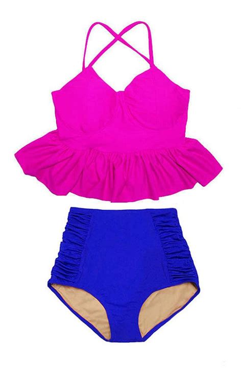 Hot Pink Long Peplum Tankini Top And Blue Ruched By Venderstore Retro