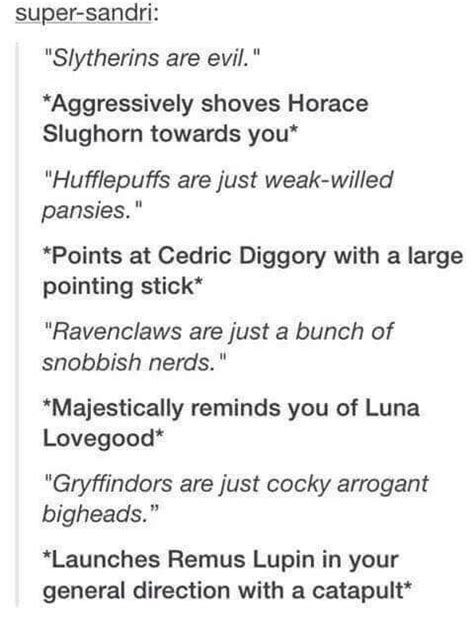 too many stereotypes about the hogwarts houses everyone is different and shouldn t be lumped