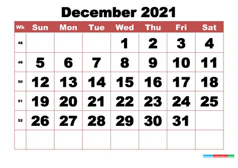 Are you looking for a printable calendar? Free Printable December 2021 Calendar with Week Numbers ...
