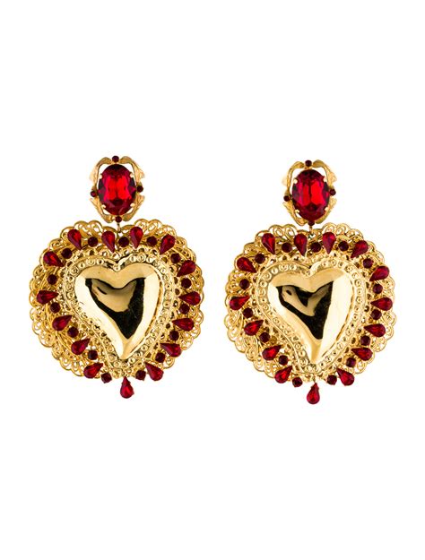 Dolce And Gabbana Red Crystal Sacred Heart Drop Earrings Gold Tone