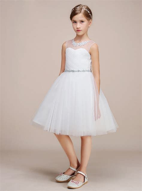 Knee Length Junior Bridesmaid Dresswhite Tulle Flower Girl Dressjb00