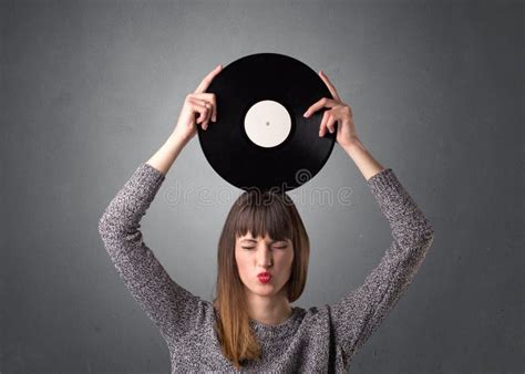 lady holding vinyl record stock image image of disk 132573749