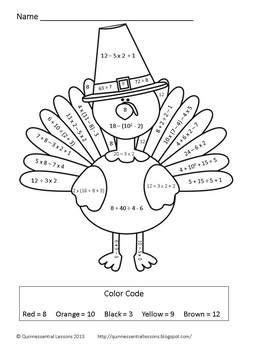 This thanksgiving coloring page includes a space for the name of the student. Turkey Color By Numbers - Numerical Expressions (5.OA.1 ...