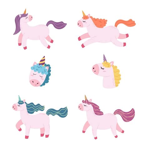 Premium Vector Set Of Magic Unicorns Cute Cartoon Pony Or Horse With