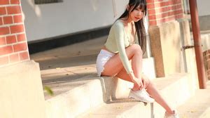 Asian Model Women Dark Hair Depth Of Field Sitting Railings Leaning