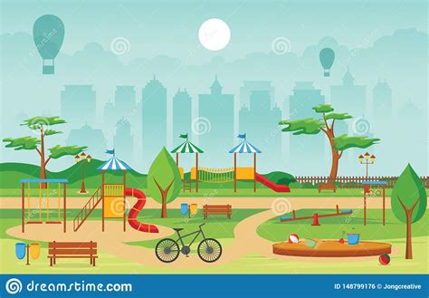 City Park In Summer With Kid Playground Playing Equipment Illustration