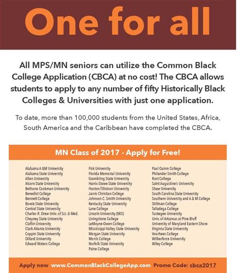 Students can apply to any number of 53 historically black colleges and universities with the cbca. All MPS/MN seniors can utilize the Common Black College ...