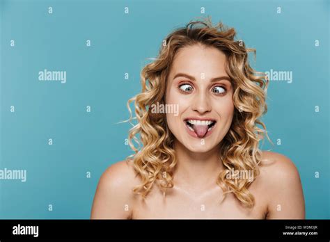 Beauty Image Of Funny Half Naked Woman With Curly Hair Grimacing And
