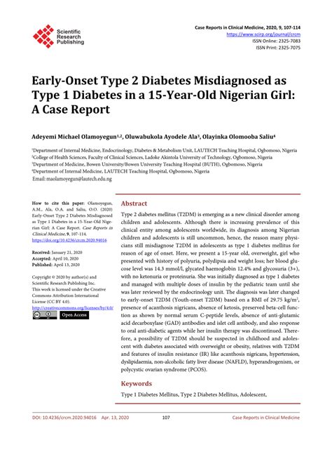 Pdf Early Onset Type 2 Diabetes Misdiagnosed As Type 1 Diabetes In A 15 Year Old Nigerian Girl