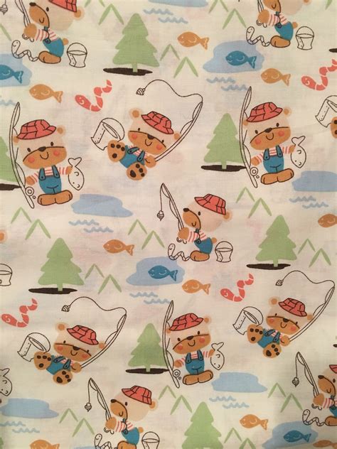 Teddy Bear Fabric, Fishing Bear Fabric, Baby Boy Fabric, Quilt Fabric, 100% cotton Fabric by ...