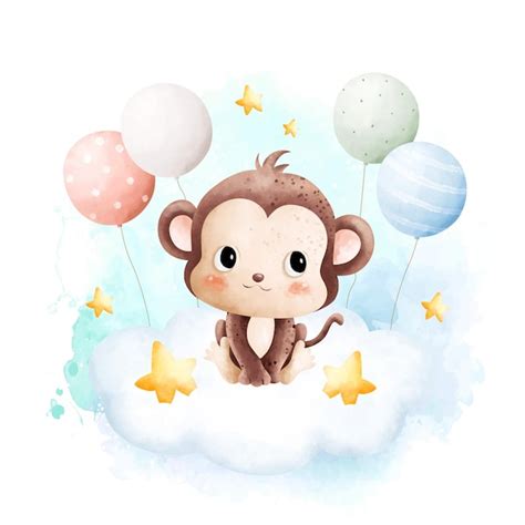 Ilustración Acuarela Lindo Bebé Mono Y Globos Sentados En La Nube