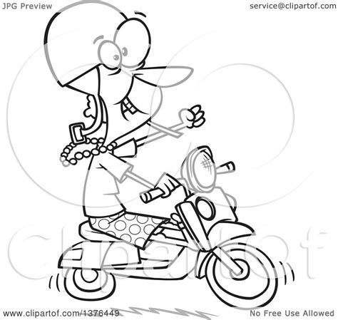 Clipart Of A Cartoon Black And White Adventurous Granny Riding A