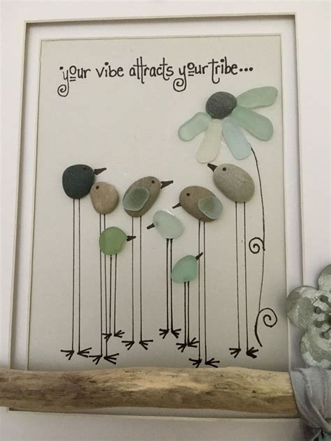 Sea glass and pebble art with birds and a flower. | Sea glass crafts ...