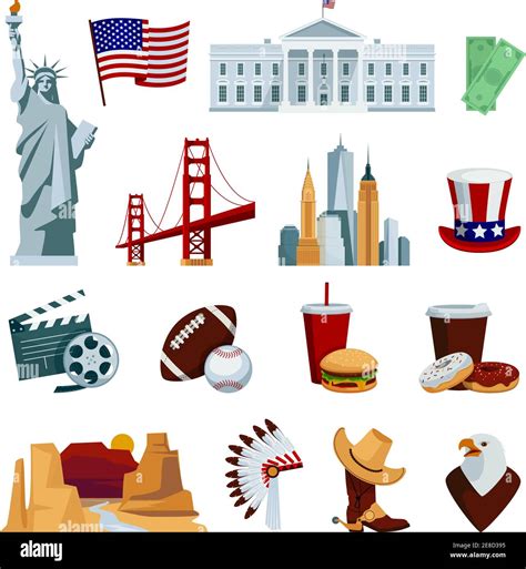 Usa Flat Icons Set With American National Symbols And Attractions