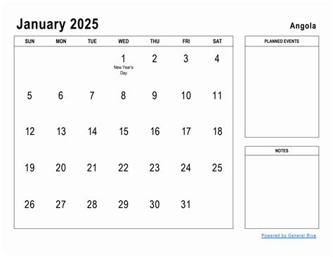 January 2025 Planner With Angola Holidays