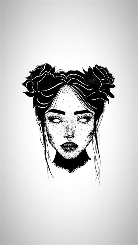 A Black And White Drawing Of A Woman With Flowers In Her Hair