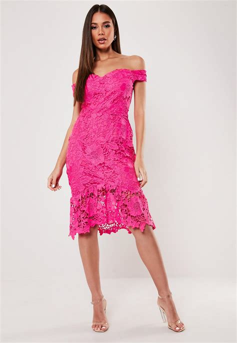 Pink Floral Lace Bardot Midi Dress Missguided Ireland