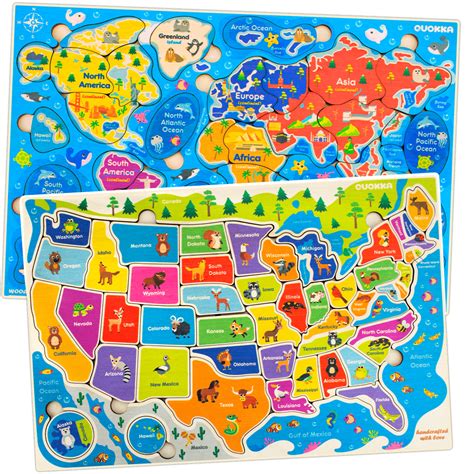 United States And World Map Wooden Jigsaw Puzzle For Kids Ages 4 5 6 7