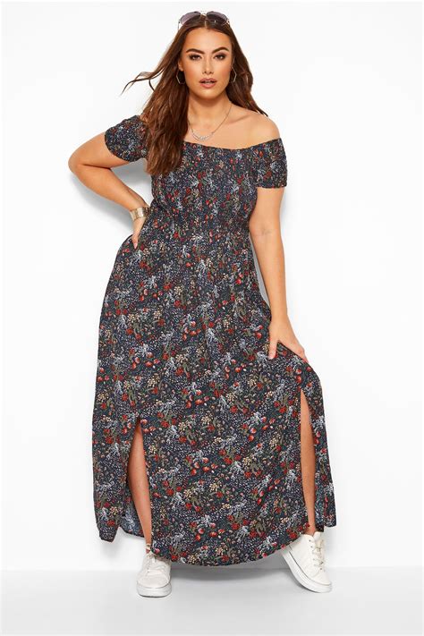 Navy Floral Shirred Maxi Dress Sizes 16 40 Yours Clothing