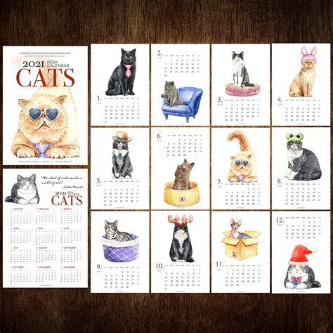 2021 Monthly Cats Desk Calendar 5x7 Watercolor Cats Holiday Etsy
