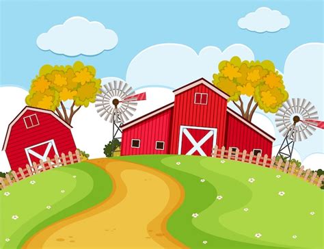 Premium Vector Farm Scene With Red Barns And Turbines