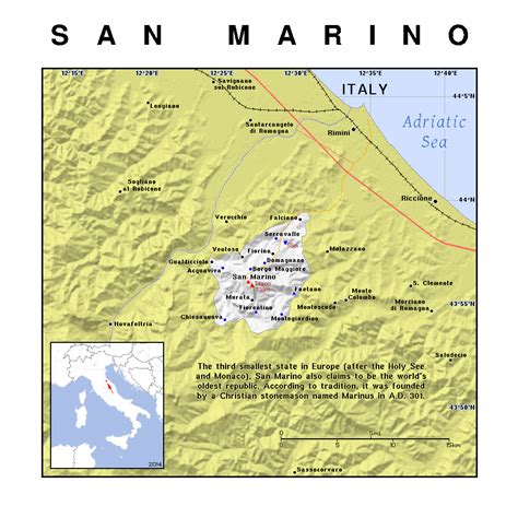Детальная политическая карта Сан Марино с рельефом Сан Марино