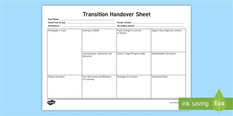 Sen Transition Handover Sheet Teacher Made