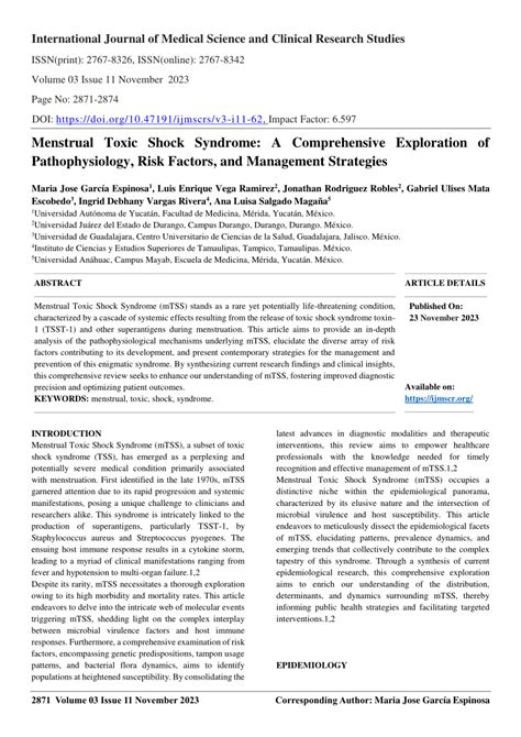 Pdf Menstrual Toxic Shock Syndrome A Comprehensive Exploration Of Pathophysiology Risk