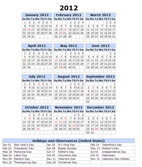 2012 Calendar With Holidays Printable