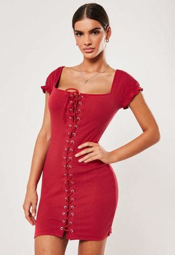 red rib cap sleeve lace up mini dress missguided ireland