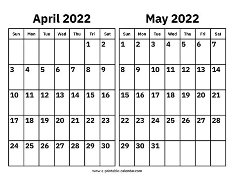 April And May 2022 Calendar A Printable Calendar
