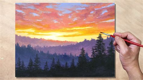 Acrylic Painting Sunset Forest Mountain Landscape Youtube