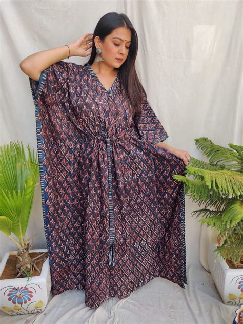Hand Block Printed Kaftan Indian Cotton Caftan Lounge Wear Beach Dress With Tassels